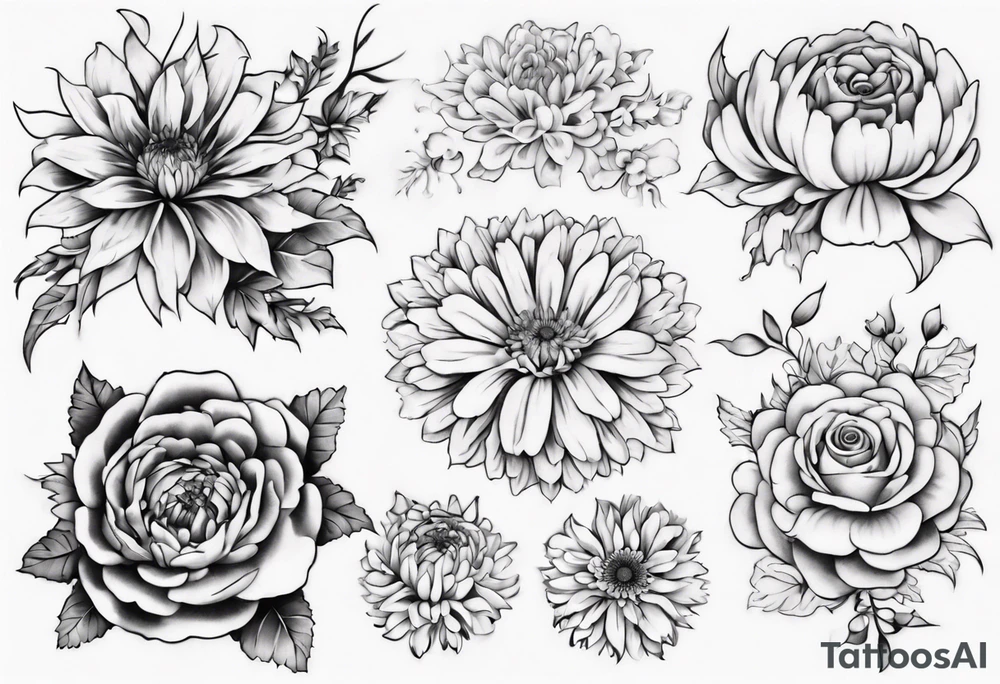 a sleeve tattoo of Marigold flowers, Chrysanthemum flowers, Chelsea flowers, Holly flowers and roses tattoo idea