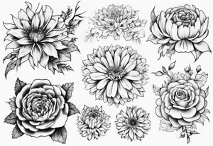 a sleeve tattoo of Marigold flowers, Chrysanthemum flowers, Chelsea flowers, Holly flowers and roses tattoo idea