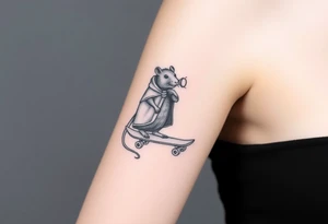 Old rat with a cloak and monocle leaning on a skateboard tattoo idea