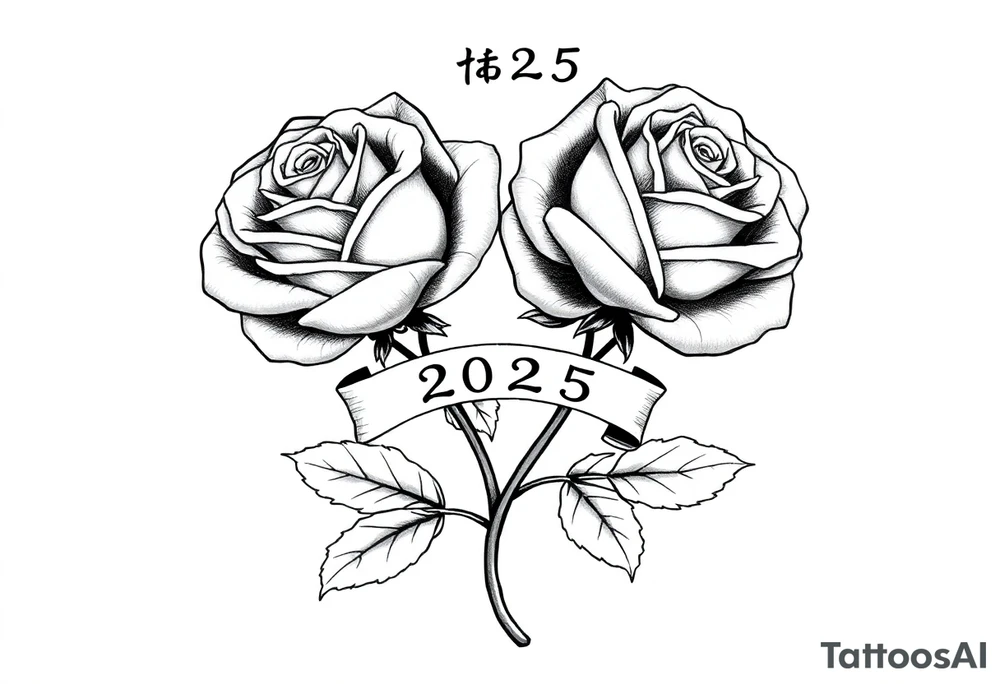 two beautiful large rose buds, one larger than the other, with many leaves and their stems intertwined, with one sitting higher than the other. Include a banner connecting the two roses with "2025" on it.  The word "Rose" written in Kanji above the drawing.  Use dark outlines with little shading. The two stems should be short, not long, and connect and join into one stem, whimsically curved or twisted - not straight down. tattoo idea