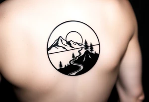 mountains. river and sunrise, let it all be inside one circle. draw a line and divide the circle into two parts, let one part be like day and the other part like night tattoo idea