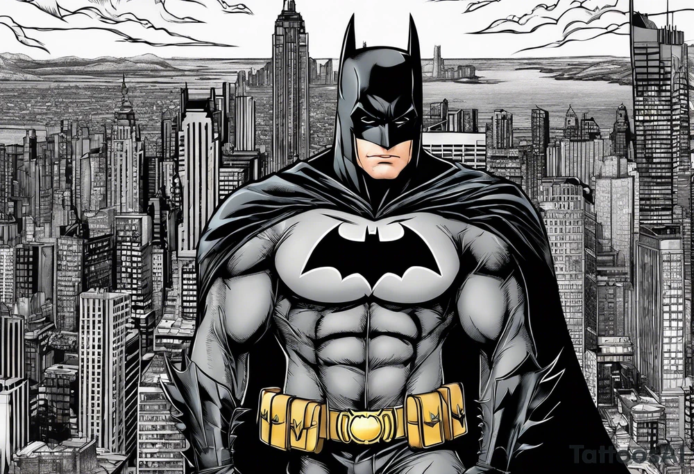 Batman with Batman-Logo and Gotham city in background tattoo idea