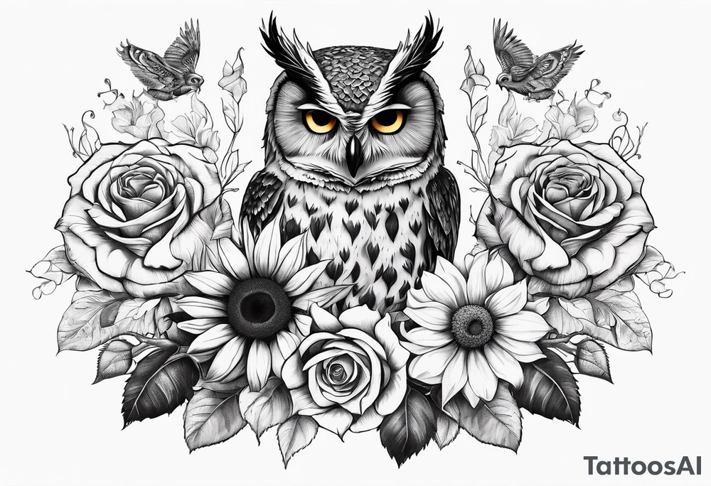 Sunflower and rose flower, owl tattoo idea