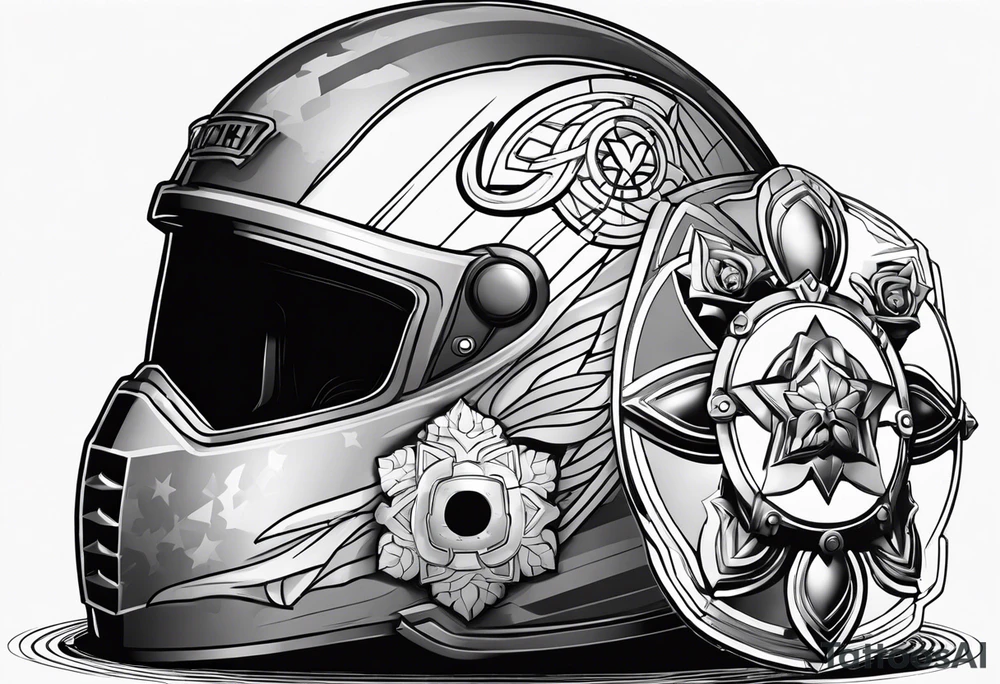 Helmet of soldier and a kid toy next to it. tattoo idea