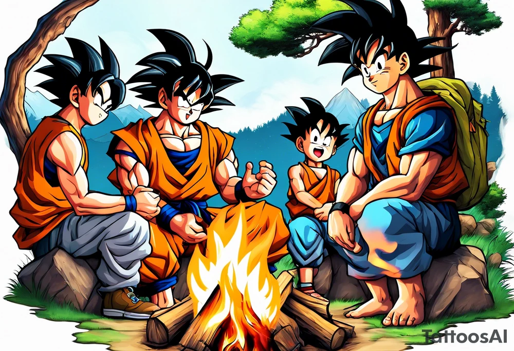 son goku and his friends sitting around a camp fire tattoo idea