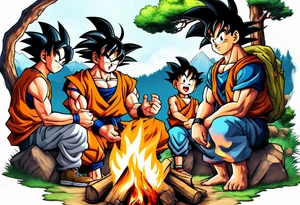 son goku and his friends sitting around a camp fire tattoo idea