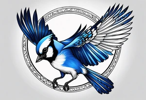 Strong blue jay bird in flight downwards tattoo idea