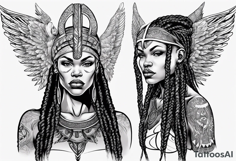 African female Viking  angel full body 
slim long face small mouth long braided hair tattoo idea