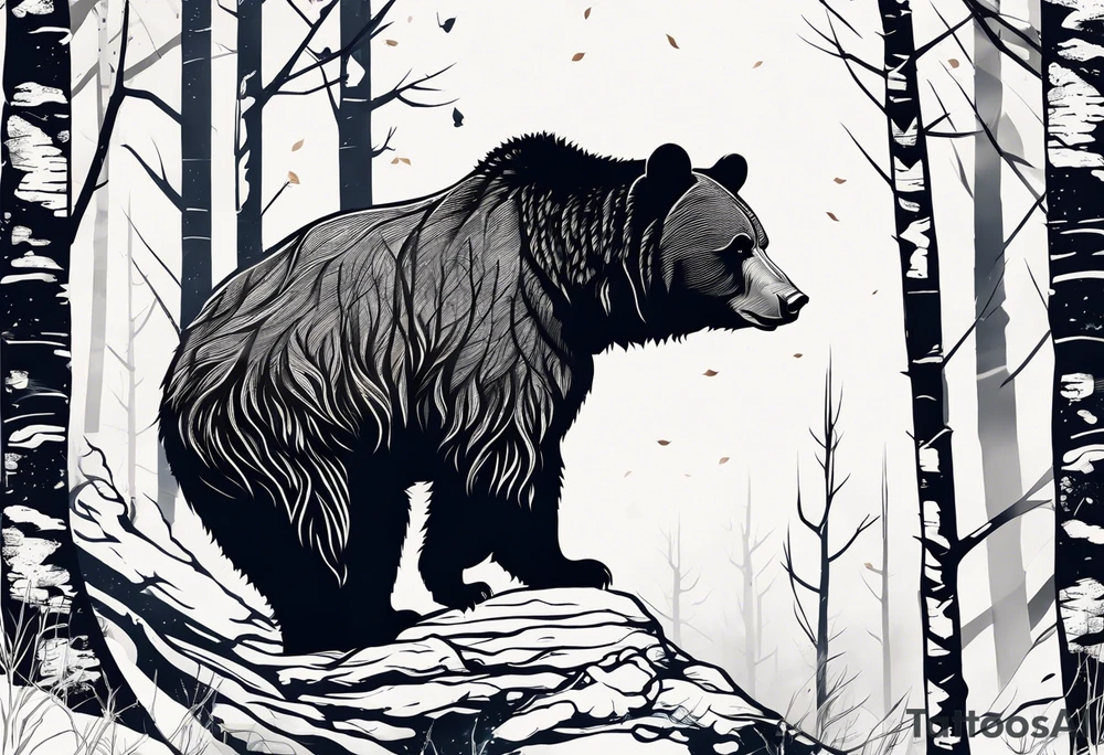 bear silhouette, birch tree, ankle band tattoo idea