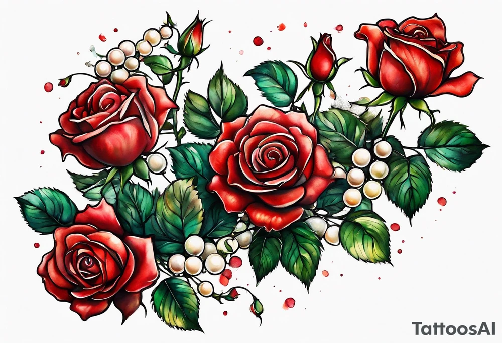 Red roses with pearls tattoo idea