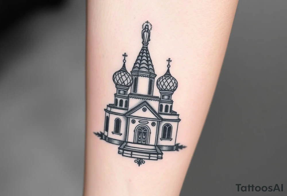 in a dorsal view a detailed medium sized country style orthodox church with onion domes and a band at the front with mist shrouding the top and fading into a virgin mary overlooking above at the top tattoo idea
