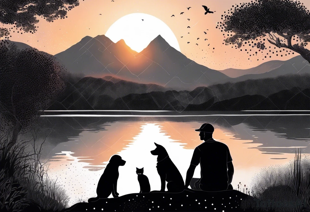 nature, sunset, mountains, a father and son sitting with their dog and cat 
by the water tattoo idea