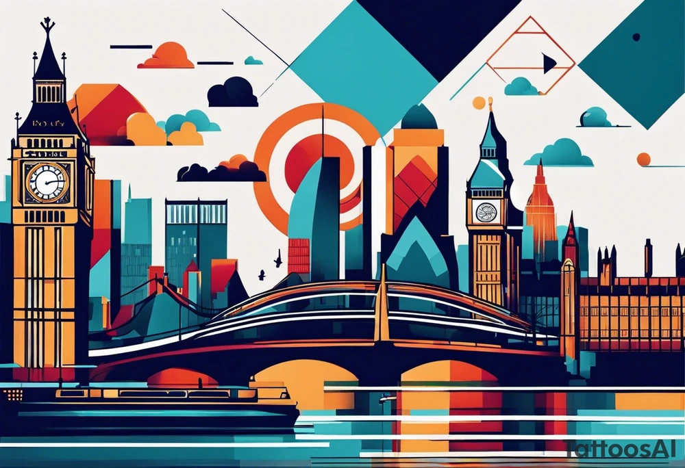 A minimalistic, abstract design capturing the architectural essence and vibe of London. Key elements of London’s skyline and structure are hinted at with clean lines, and subtle detailing includes personal touches, like a nod to Feid’s signature look (hat, glasses, mustache), integrated discreetly to honor a memorable concert experience. The tattoo combines the city’s character with personal symbolism. tattoo idea