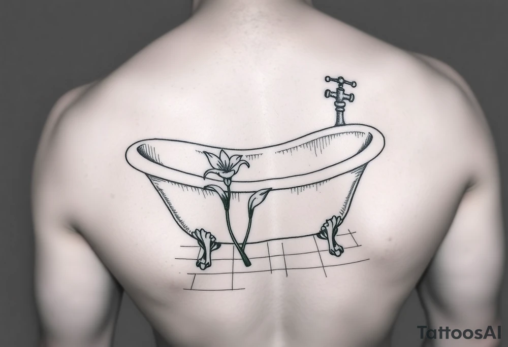 clawfoot bathtub with simple faucet and lily coming up out of the tile floor tattoo idea