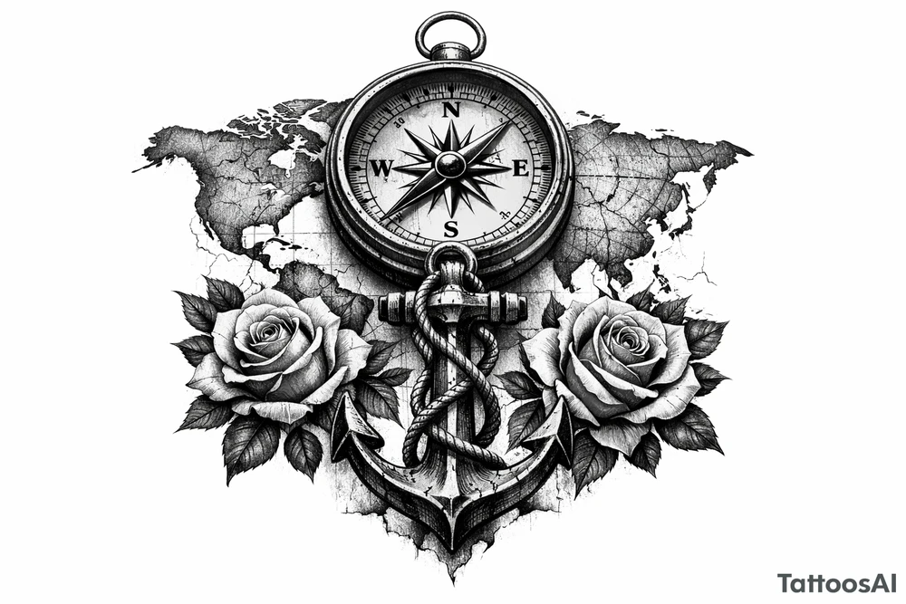 a compass under it an anchor, roses,world map. tattoo idea