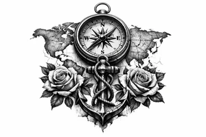a compass under it an anchor, roses,world map. tattoo idea