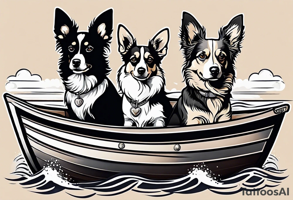 two dogs in a boat. One dog is tan with big ears like a chihuahua. The other dog is black and white and looks like an australian shepherd with floppy ears tattoo idea