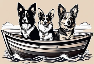 two dogs in a boat. One dog is tan with big ears like a chihuahua. The other dog is black and white and looks like an australian shepherd with floppy ears tattoo idea