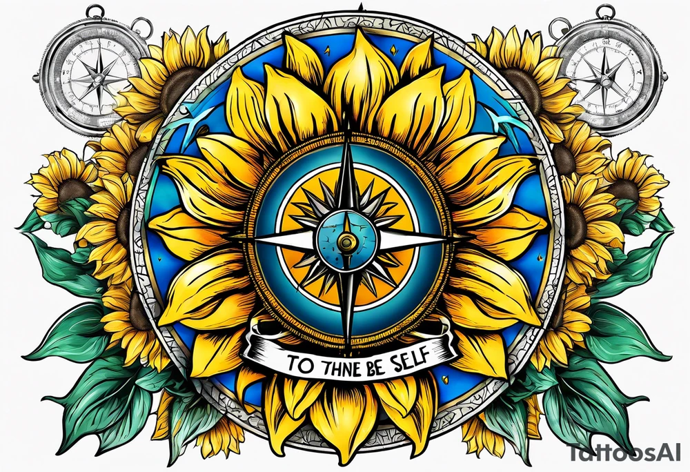 Sunflower and a compass, with the words "To Thine Own Self Be True" tattoo idea