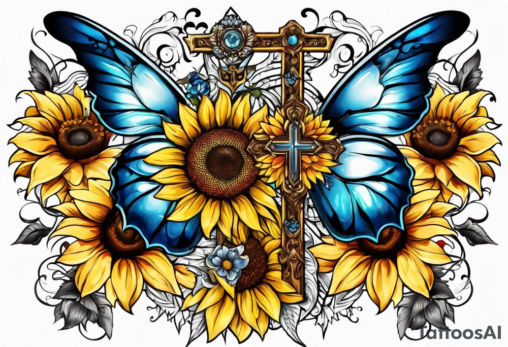 Winged cross with sunflower and butterflies tattoo idea