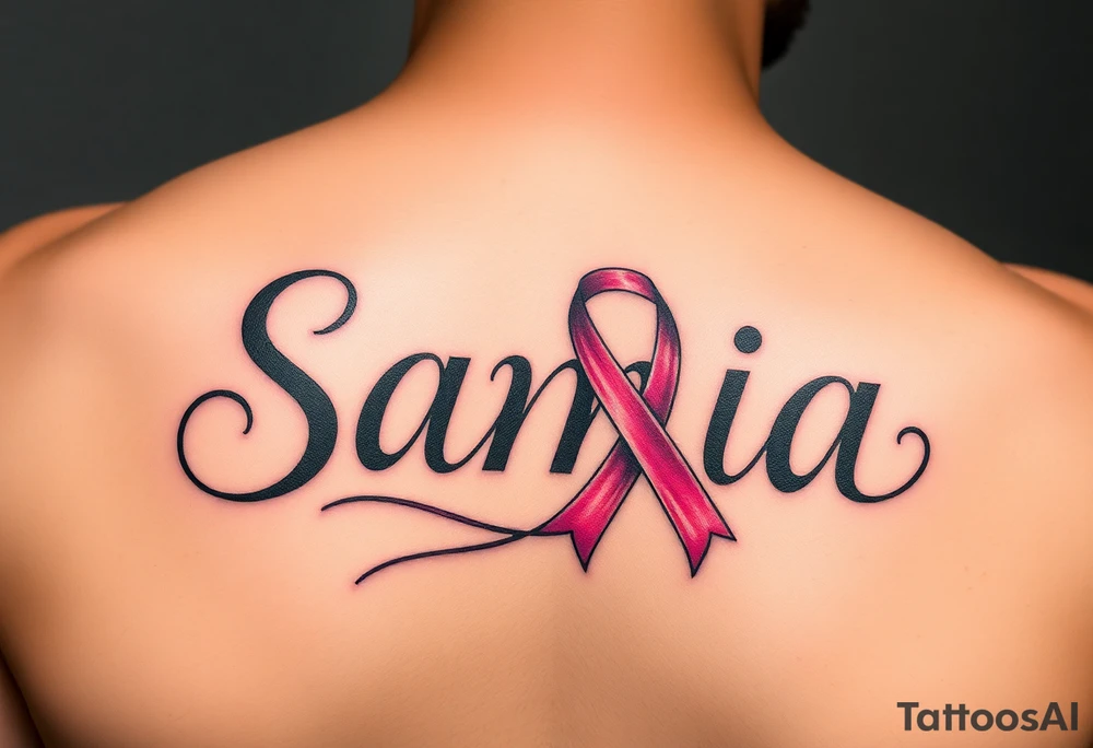 The name Samia. With a breast cancer (in pink) ribbon flowing off the last a. tattoo idea