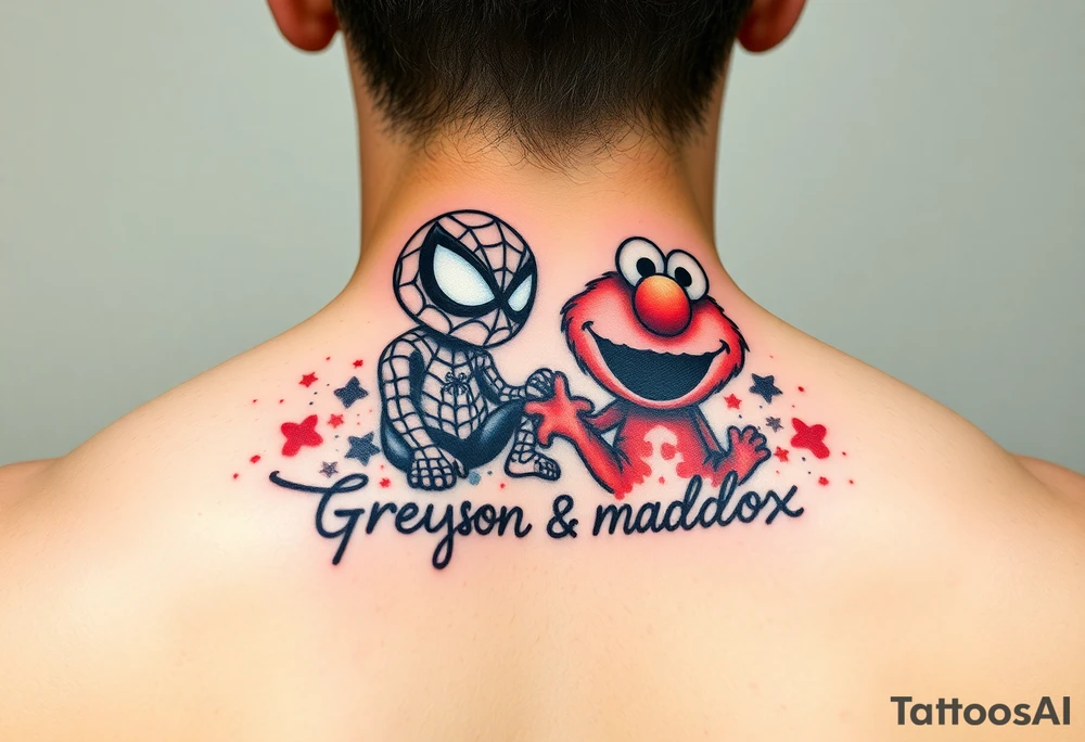 baby spider man and elmo , 
Colorful 
Greyson and maddox names somewhere around tattoo idea