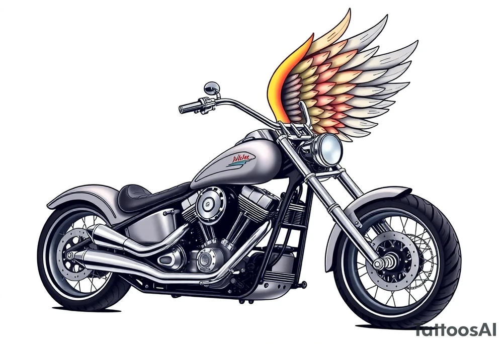Low rider grey motorcycle, big muffler pipes with flames, angel wings, driving away, no person tattoo idea
