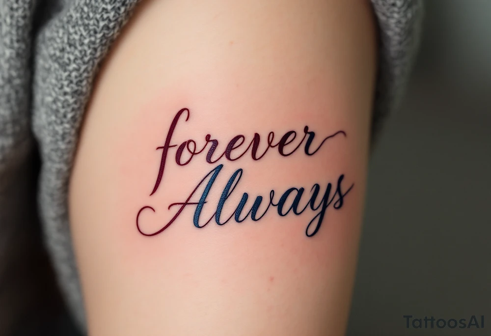Elegant script “Forever” in burgundy for her and “Always” in navy for him inked over the heart show eternal devotion. tattoo idea