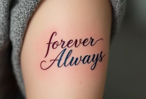 Elegant script “Forever” in burgundy for her and “Always” in navy for him inked over the heart show eternal devotion. tattoo idea