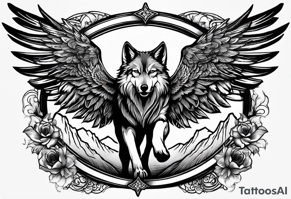 cross with wings and a wolf going inside it resembling paradise tattoo idea