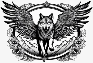 cross with wings and a wolf going inside it resembling paradise tattoo idea