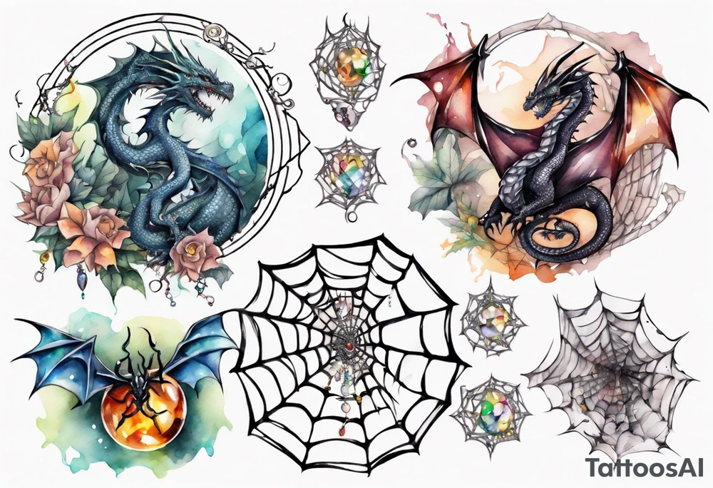 Dragon in a spiral spiderweb with jewels and shattered chalices and one spider tattoo idea