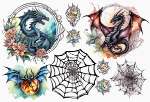 Dragon in a spiral spiderweb with jewels and shattered chalices and one spider tattoo idea