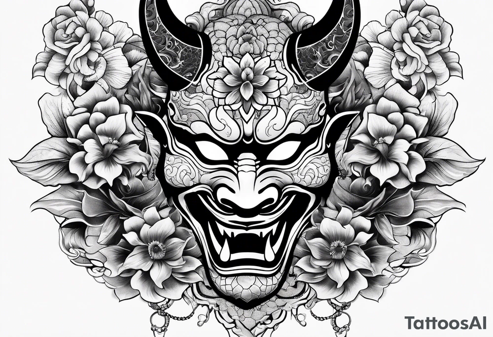 hannya mask with dragon and flower tattoo idea