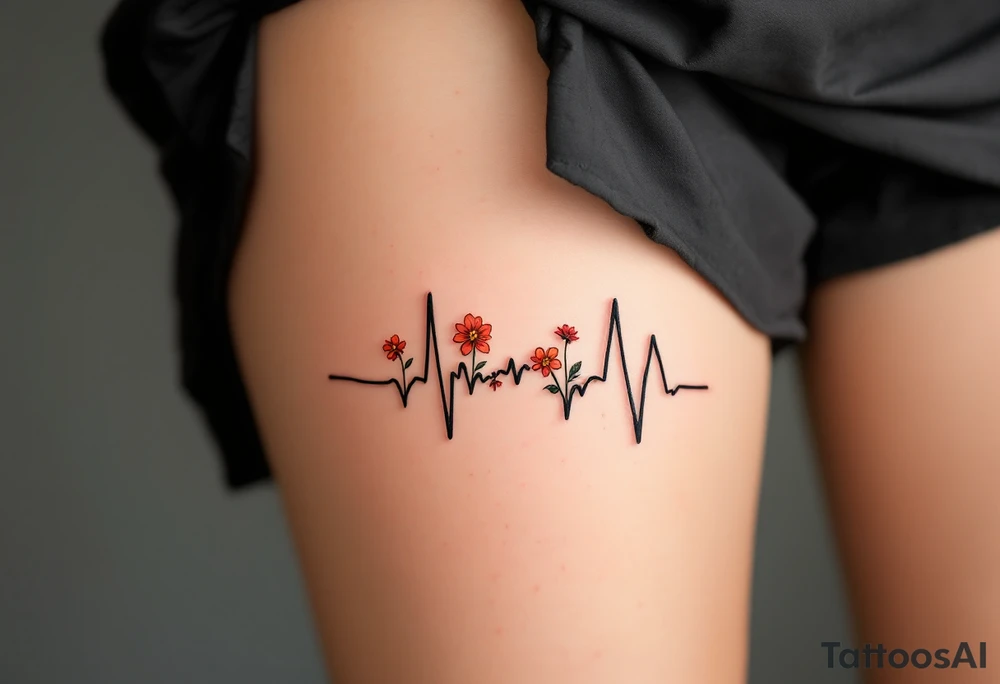 A black and gray EKG waveform with small red flowers blooming at the peaks, symbolizing growth and life. tattoo idea