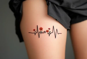 A black and gray EKG waveform with small red flowers blooming at the peaks, symbolizing growth and life. tattoo idea