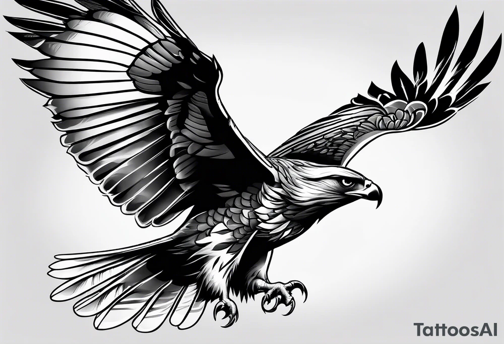 Hawk with rose in beak flying down tattoo idea