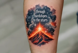 Inked in a burning gradient from red to orange, the quote “Through hardships to the stars” rises over storm clouds into twinkling silver stars. tattoo idea