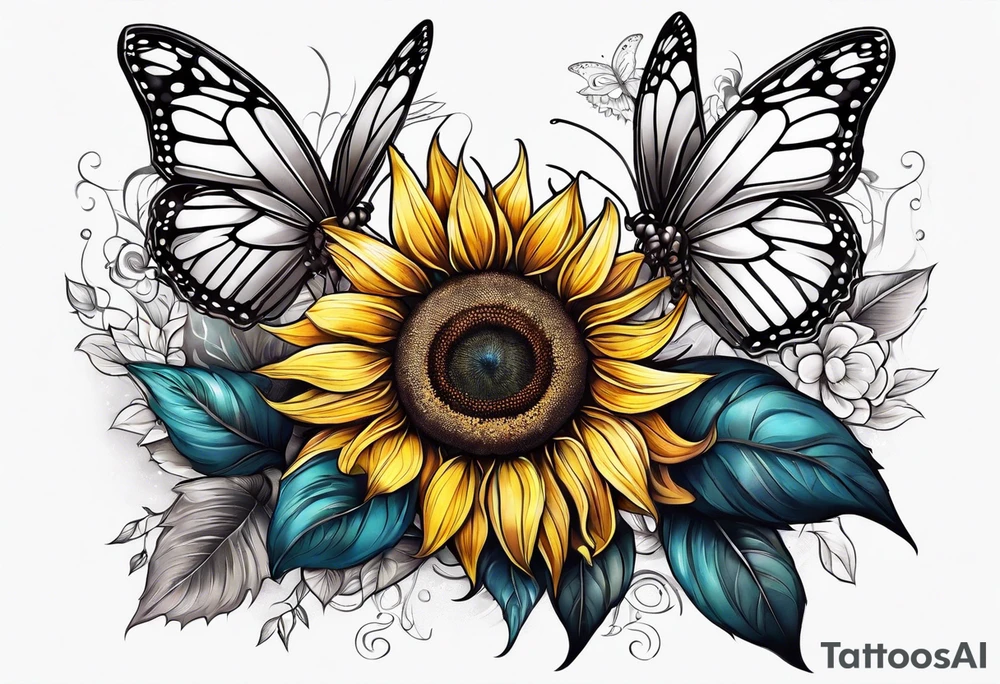 Sunflower and butterfly leg sleeve tattoo idea