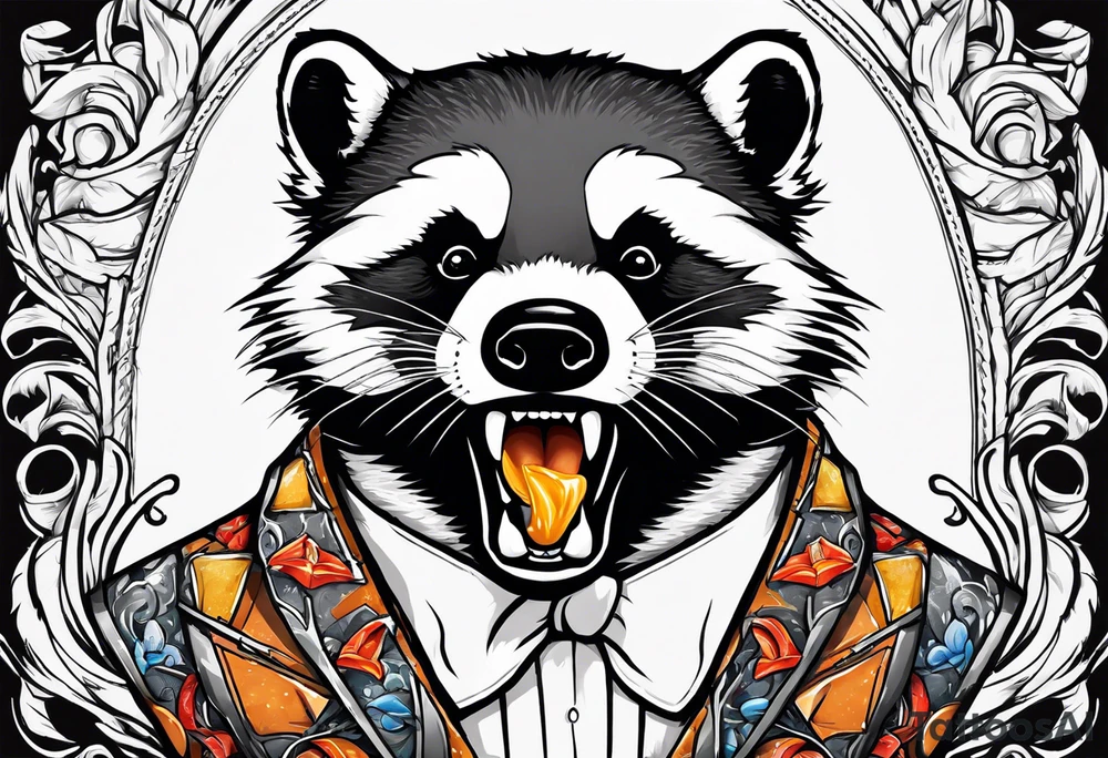 Angry badger with mouth open holding Doritos tattoo idea