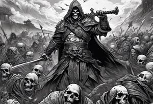 Necromancer raising an army of the dead from dead bodies on a battlefield tattoo idea