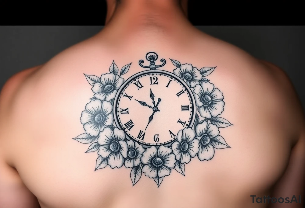 Clock set at 5:46 surrounded by flowers tattoo idea