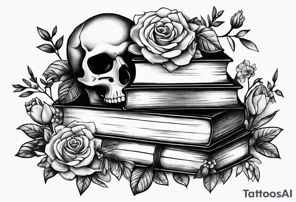 feminine tattoo of stacked books and flowers with a snake and skull tattoo idea