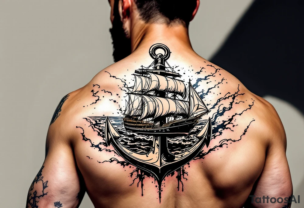 bold man with anchor and yacht
put on arm tattoo idea