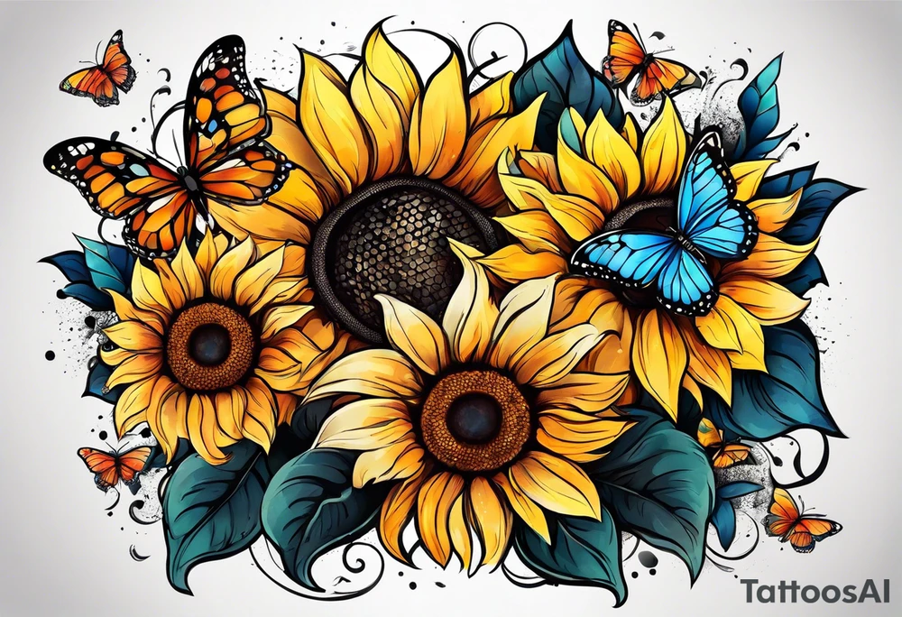 Arm sleeve with sunflowers and butterflies tattoo idea
