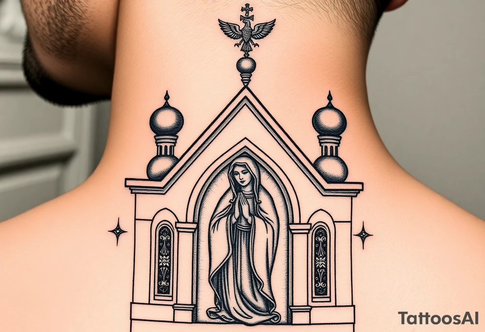 Flowing Scene

A onion domes orthodox church
Virgin Mary in prayer pose on the front doors of the russian orthodox church 
A small double headed russian coat of arms eagle or just the star tucked above the dome near the hairline tattoo idea