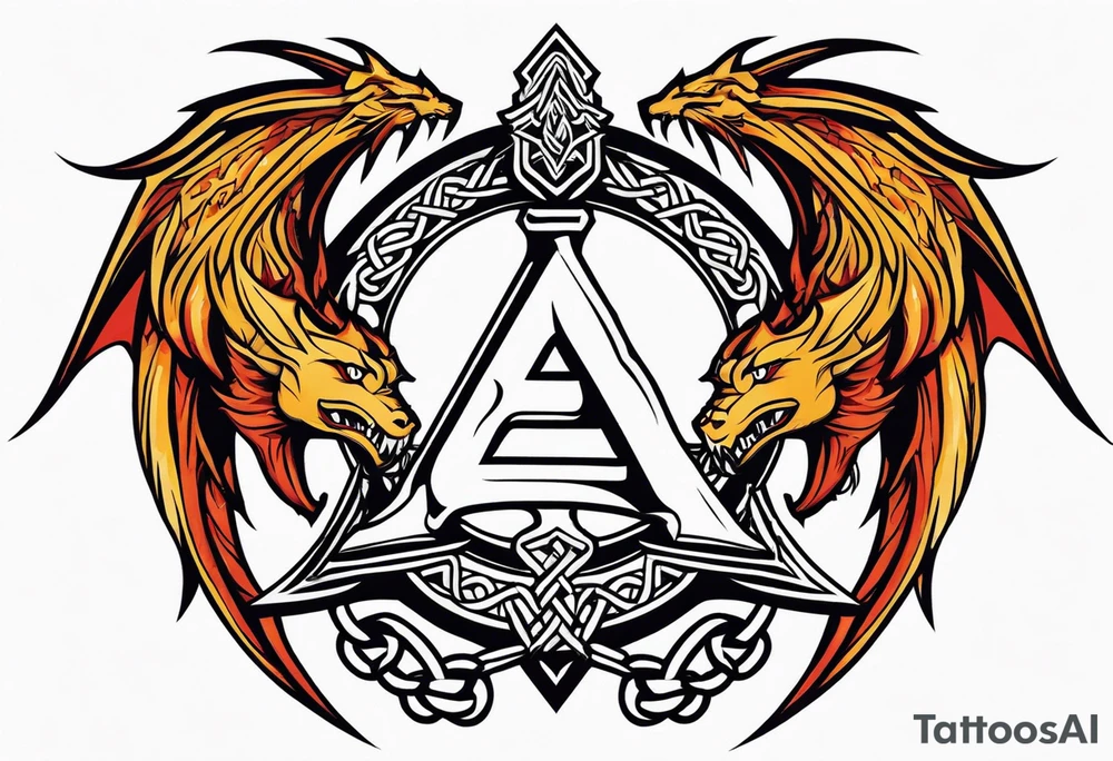 Valhalla sword shield dragon axe Valknut barbed wire chains fire tattoo idea Valhalla sword shield dragon axe Valknut barbed wire chains fire tattoo idea