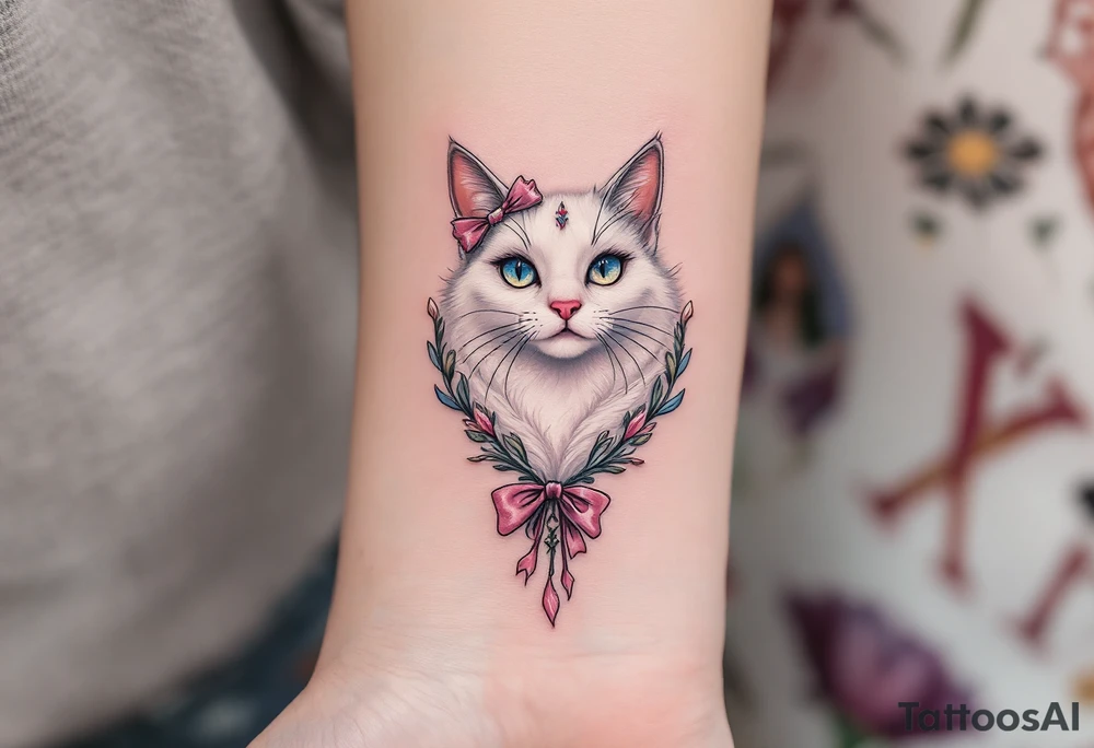 A soft white-and-pink cat with pink bow tattoo brings Marie’s elegance from The Aristocats to life. tattoo idea