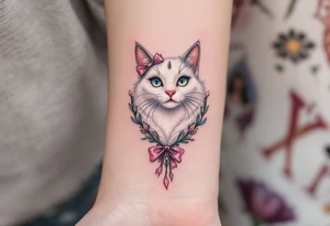 A soft white-and-pink cat with pink bow tattoo brings Marie’s elegance from The Aristocats to life. tattoo idea