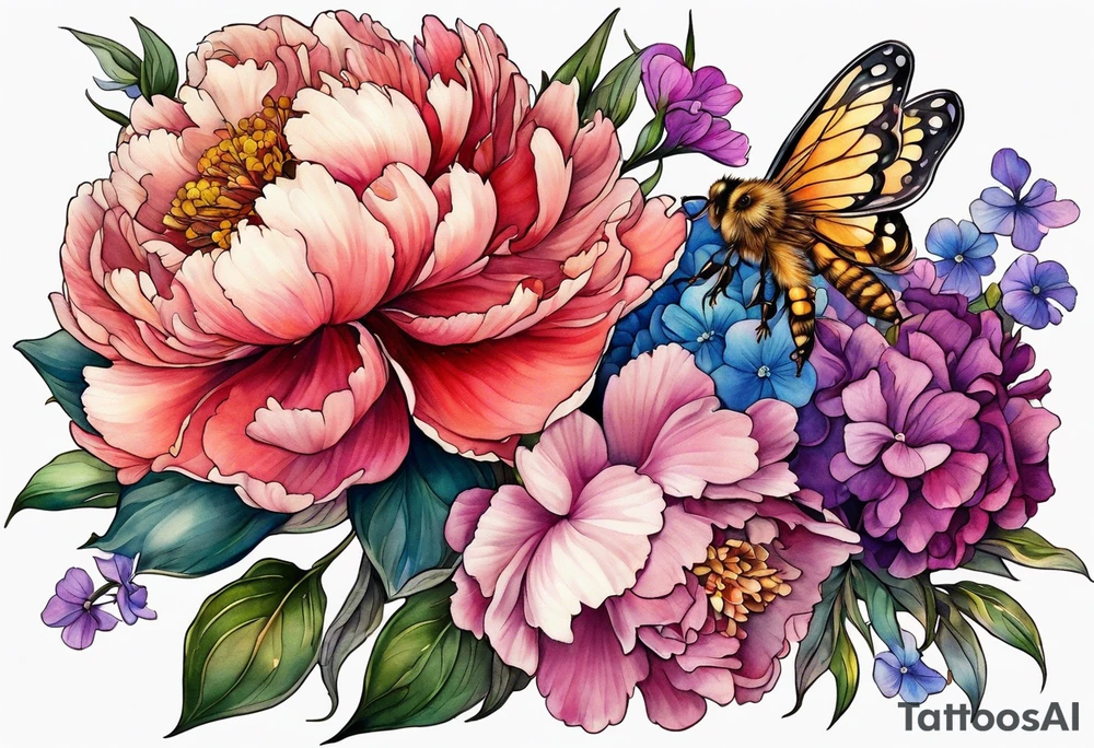 Vibrant peony with hydrangea and petunias and blossoms and foliage and a bee tattoo idea